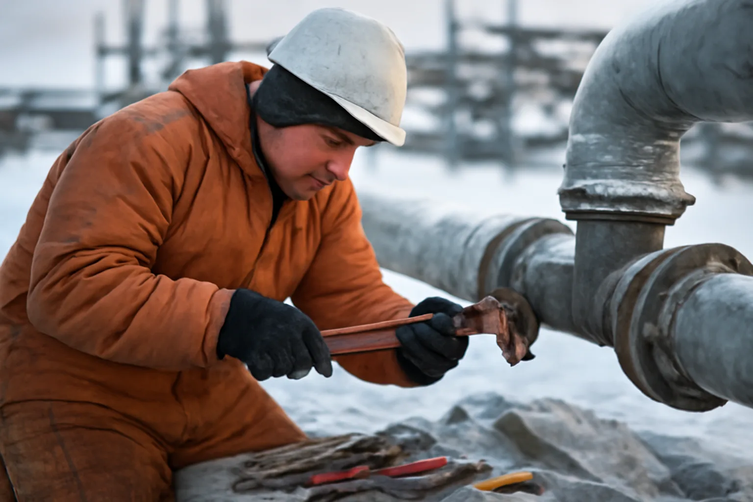 Pipefitter apprentice working with a pipe wrench on an outdoor pipe in Anchorage, Alaska