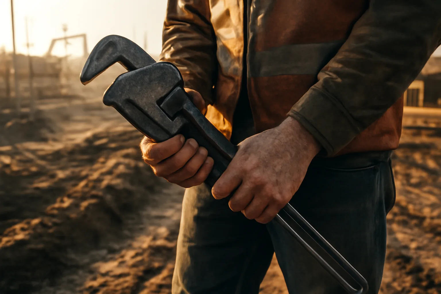 Pipefitter holding wrench on construction site in Arkansas