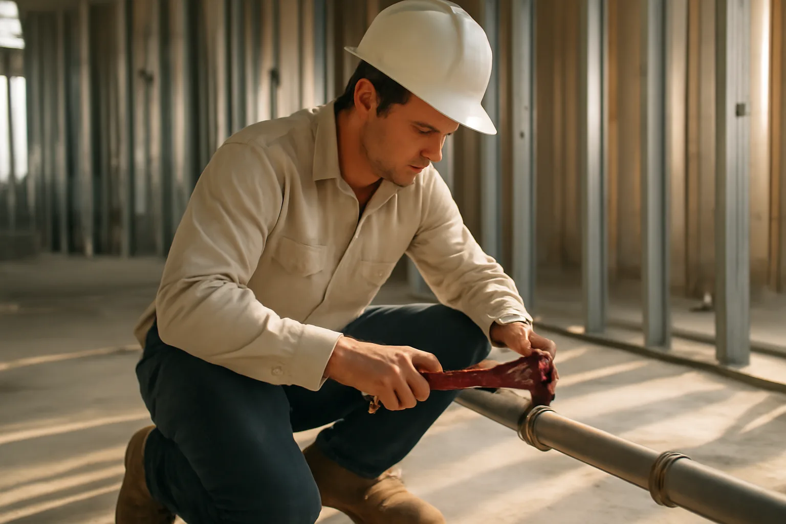 Pipefitter apprentice tightening a pipe joint on a California jobsite