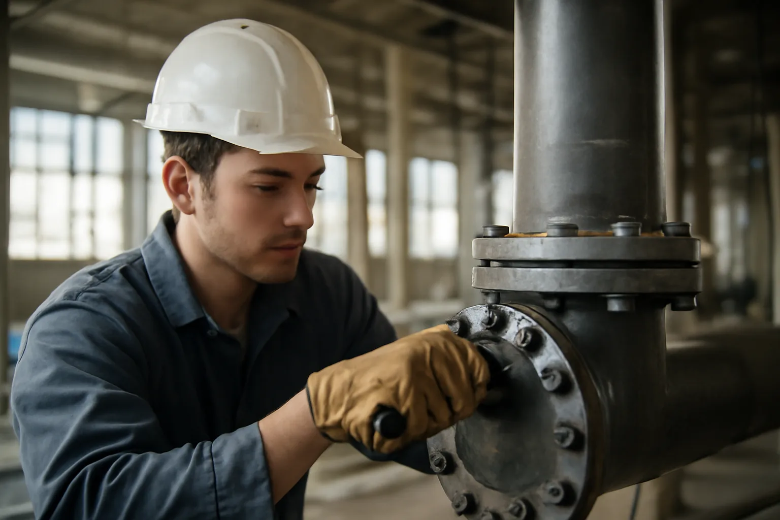 Pipefitter apprentice tightening a pipe flange connection at a Connecticut construction site