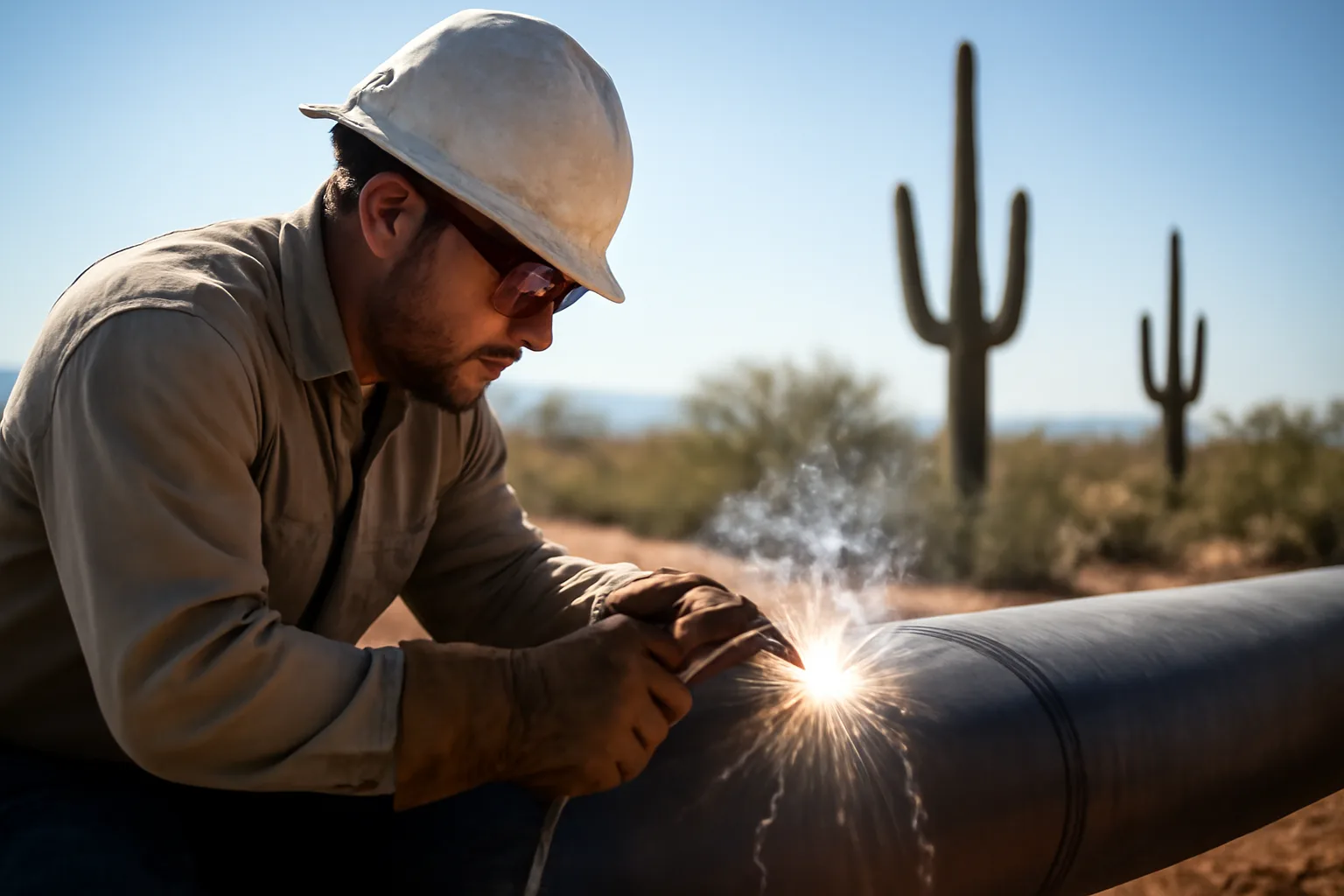 pipefitter welding in Arizona desert with cactus background