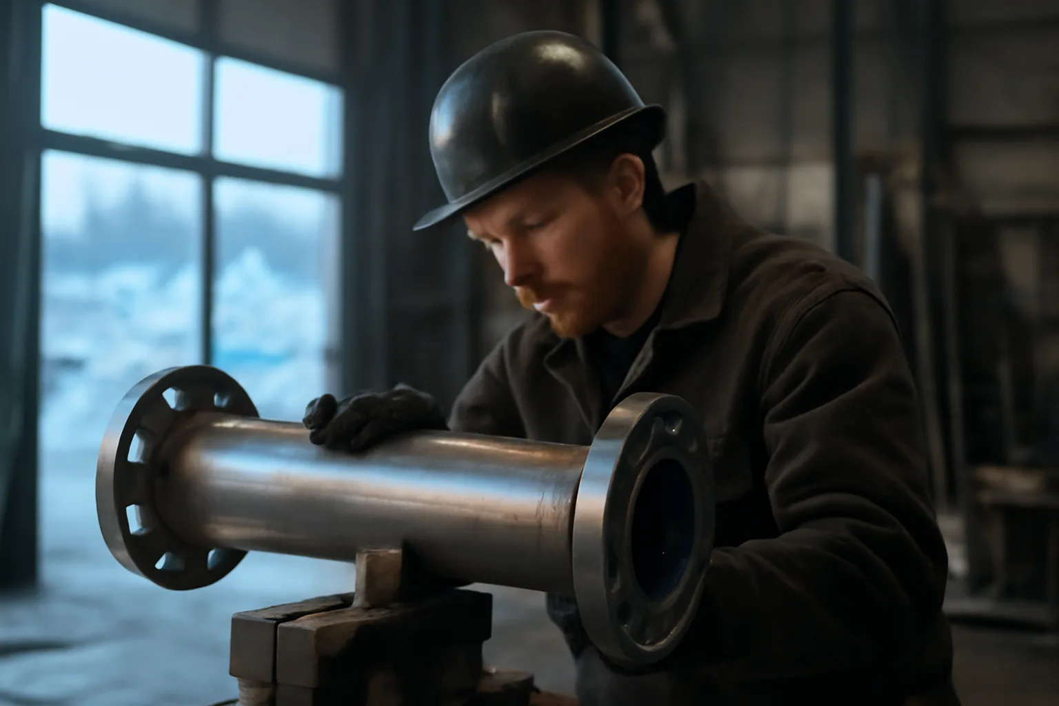 Pipefitter apprentice aligning pipe in Alaskan shop