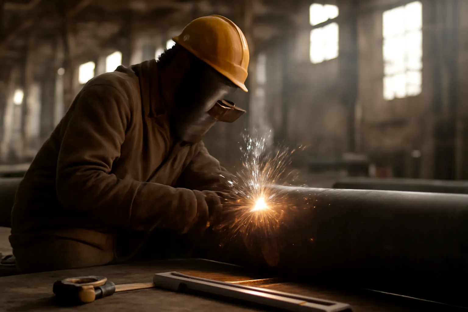 Pipefitter welding a pipe joint in Arkansas.