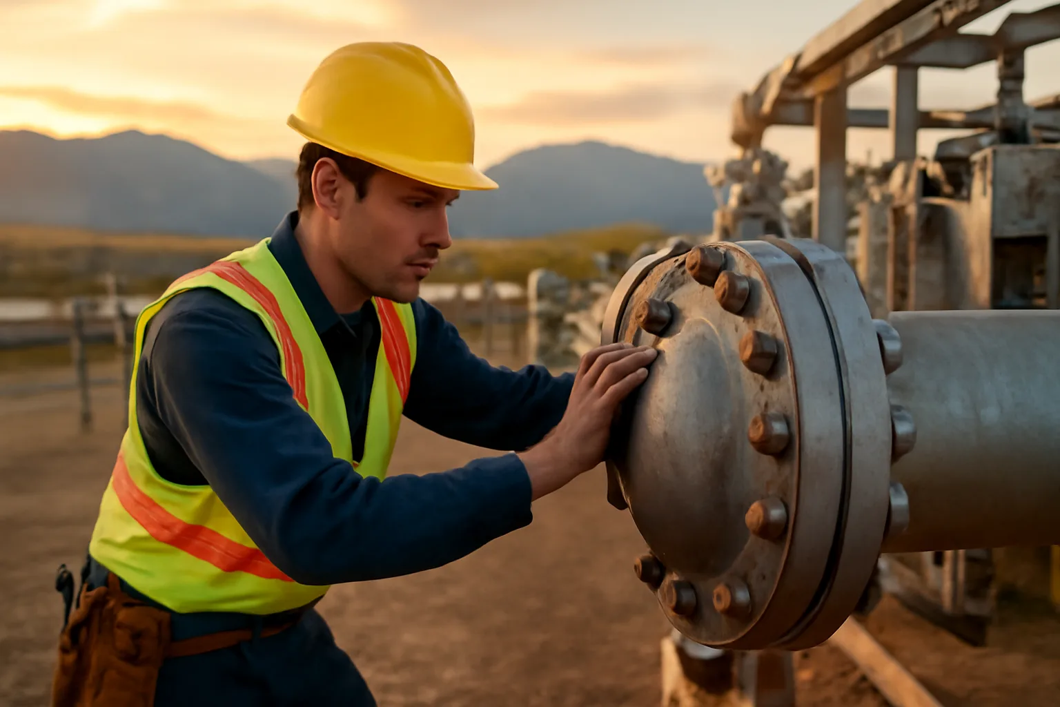 Pipefitter apprentice inspecting a pipe flange at a Colorado industrial facility