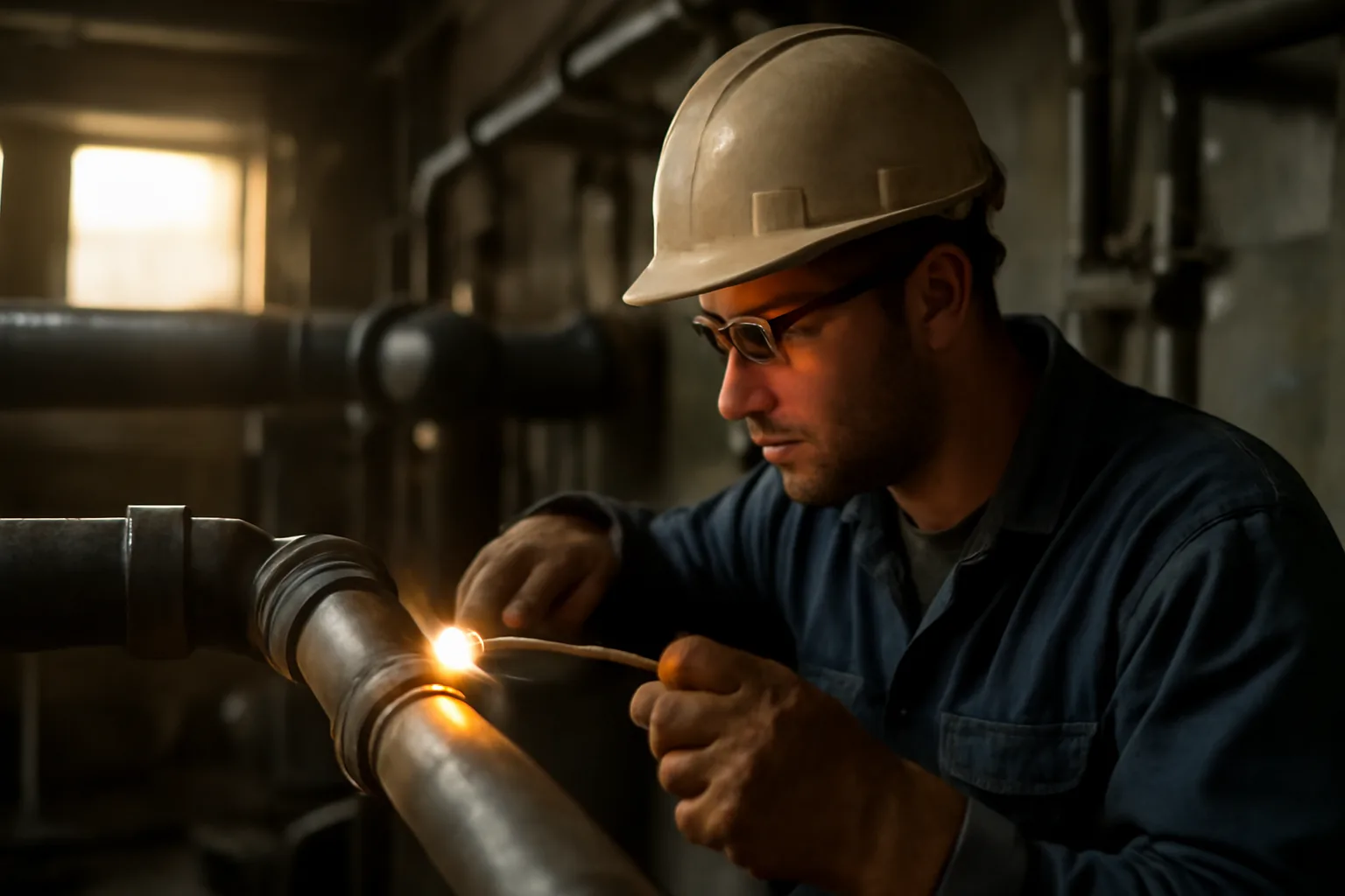 Pipefitter working on industrial pipe fitting in a Connecticut mechanical room