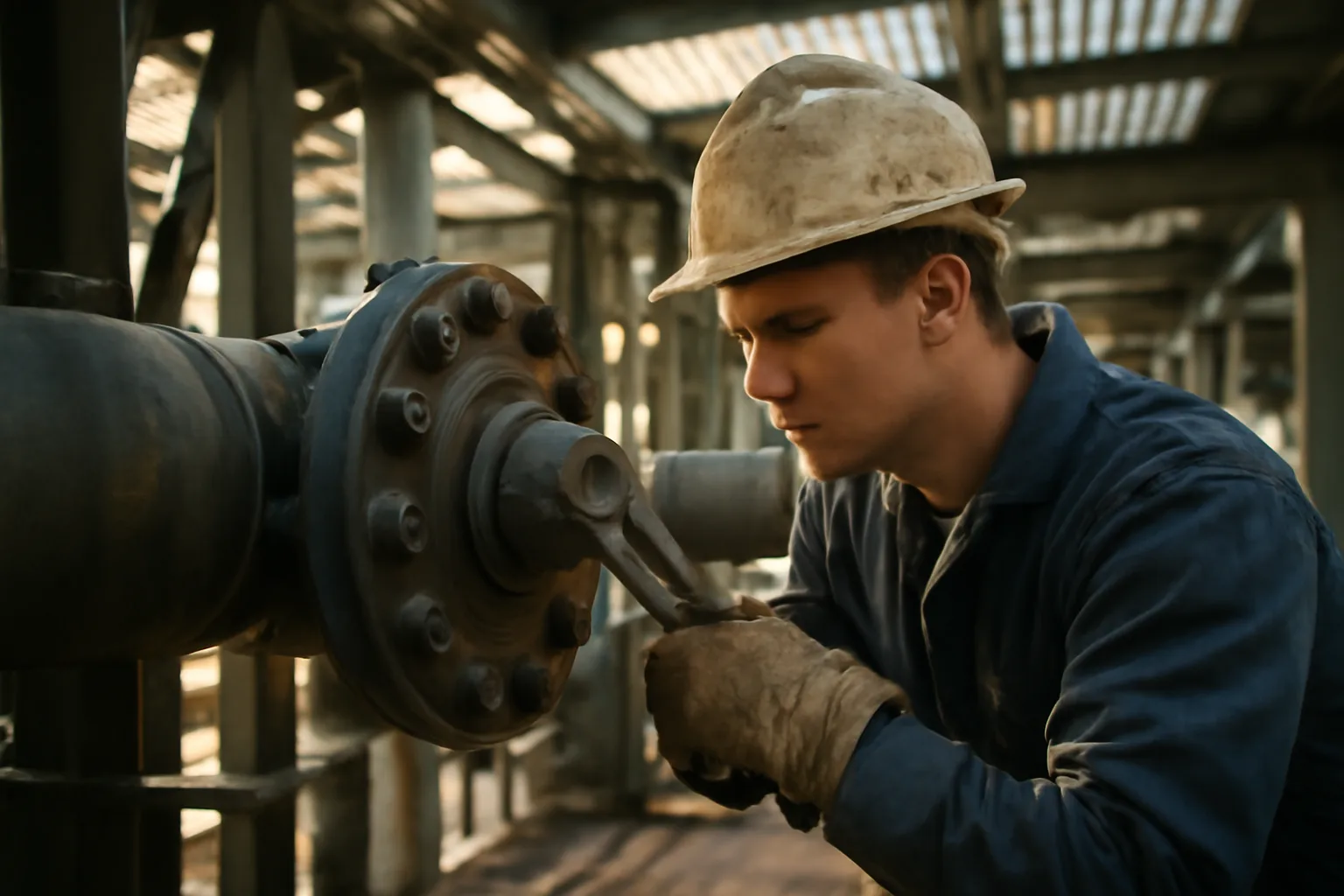 Pipefitter apprentice tightening a pipe flange inside a Delaware industrial facility