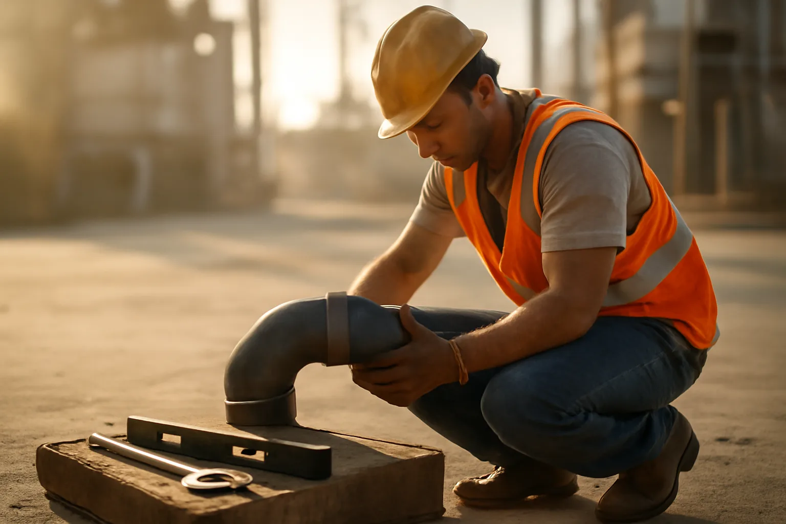 Fitter assembling steel pipe on a sunny Florida industrial site