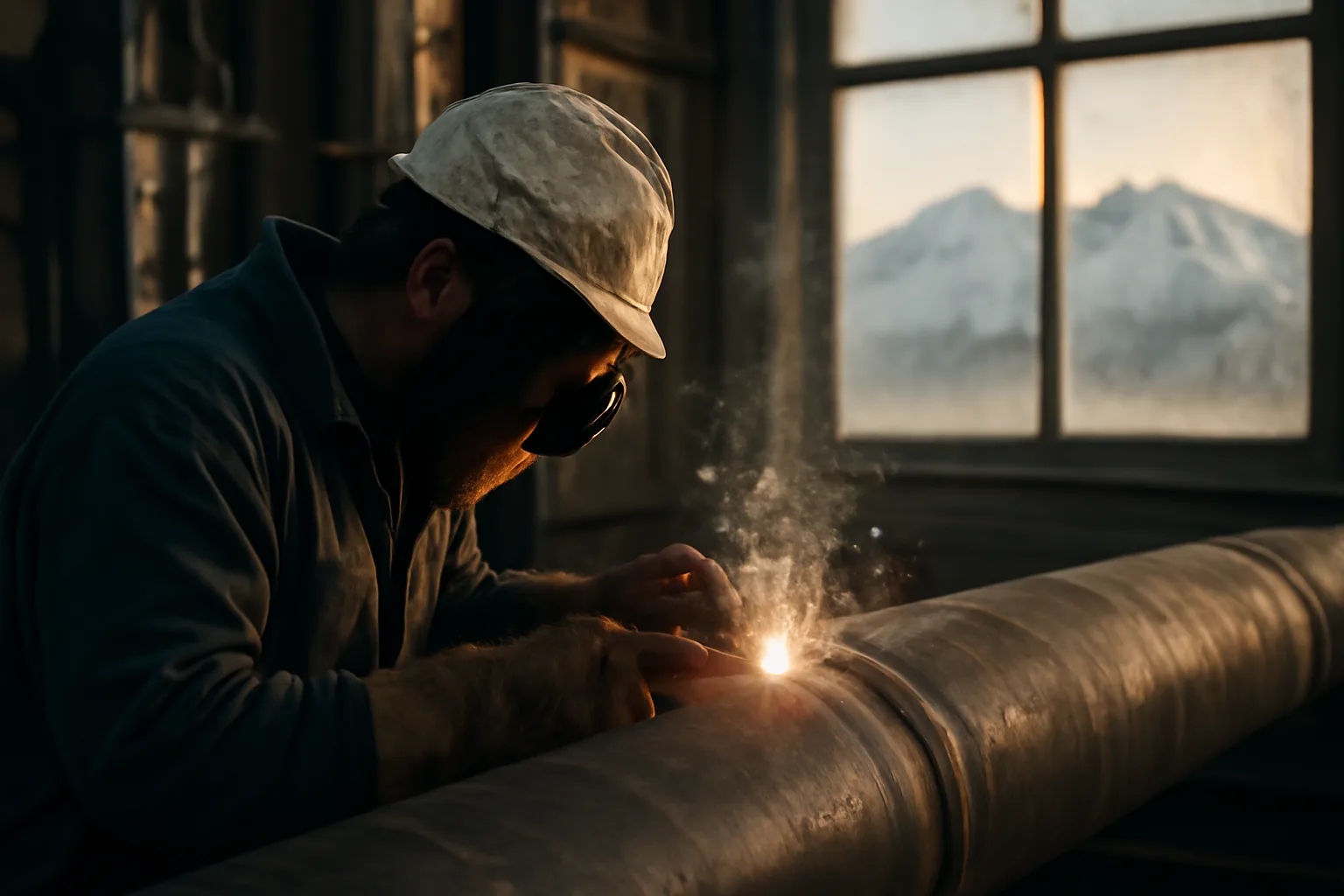 Pipefitter welding a pipe in Alaskan industrial facility.
