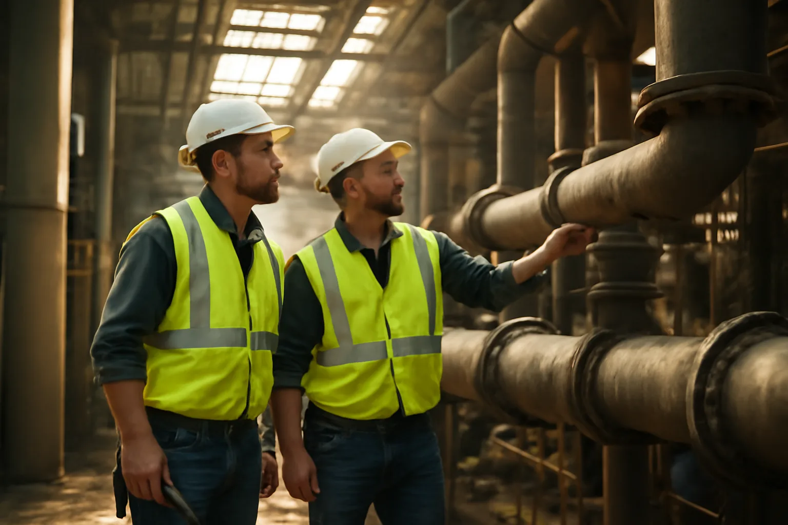 Two pipefitters inspecting industrial pipe system inside a Colorado power plant