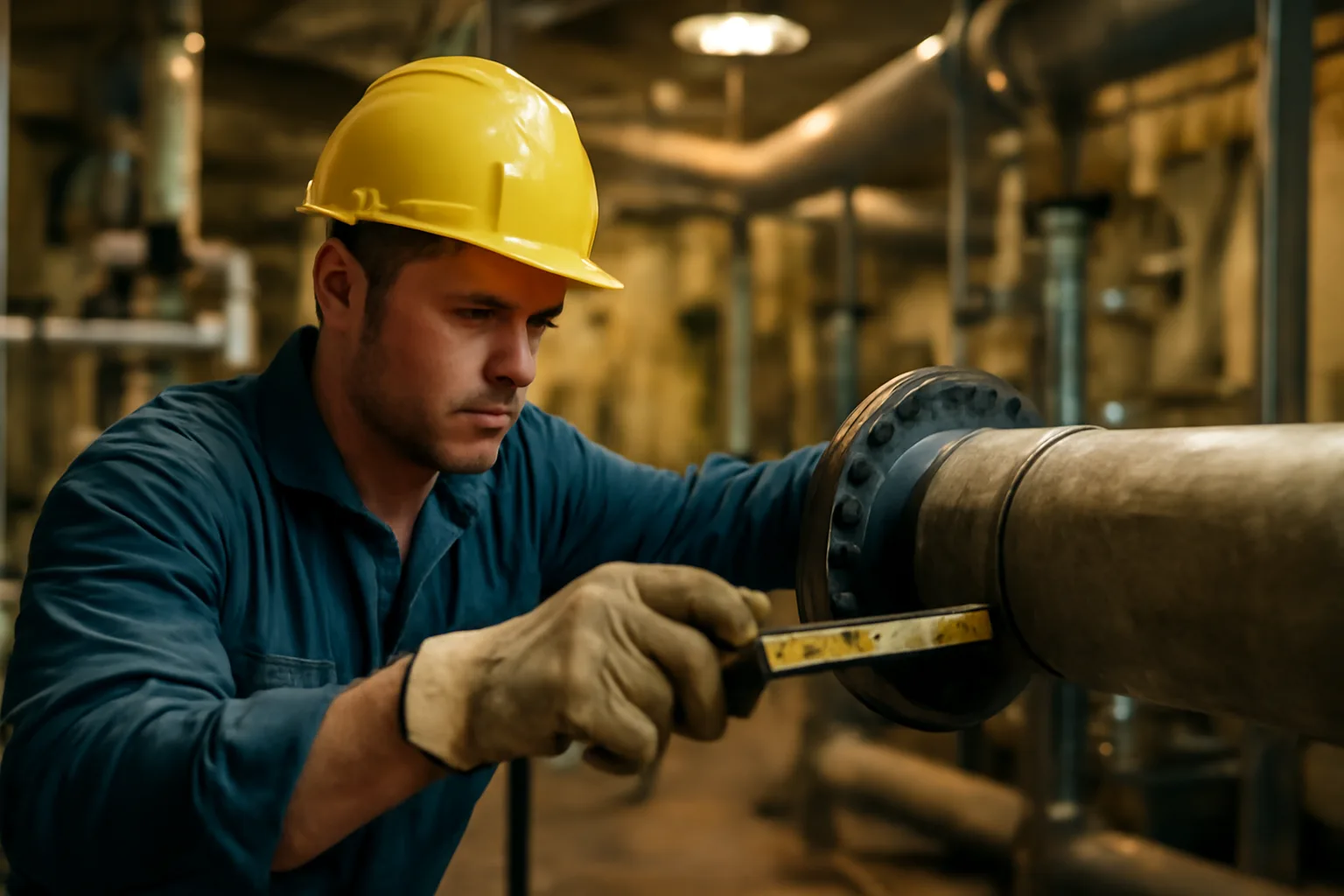 Pipefitter measuring steel pipe inside a Connecticut commercial mechanical room