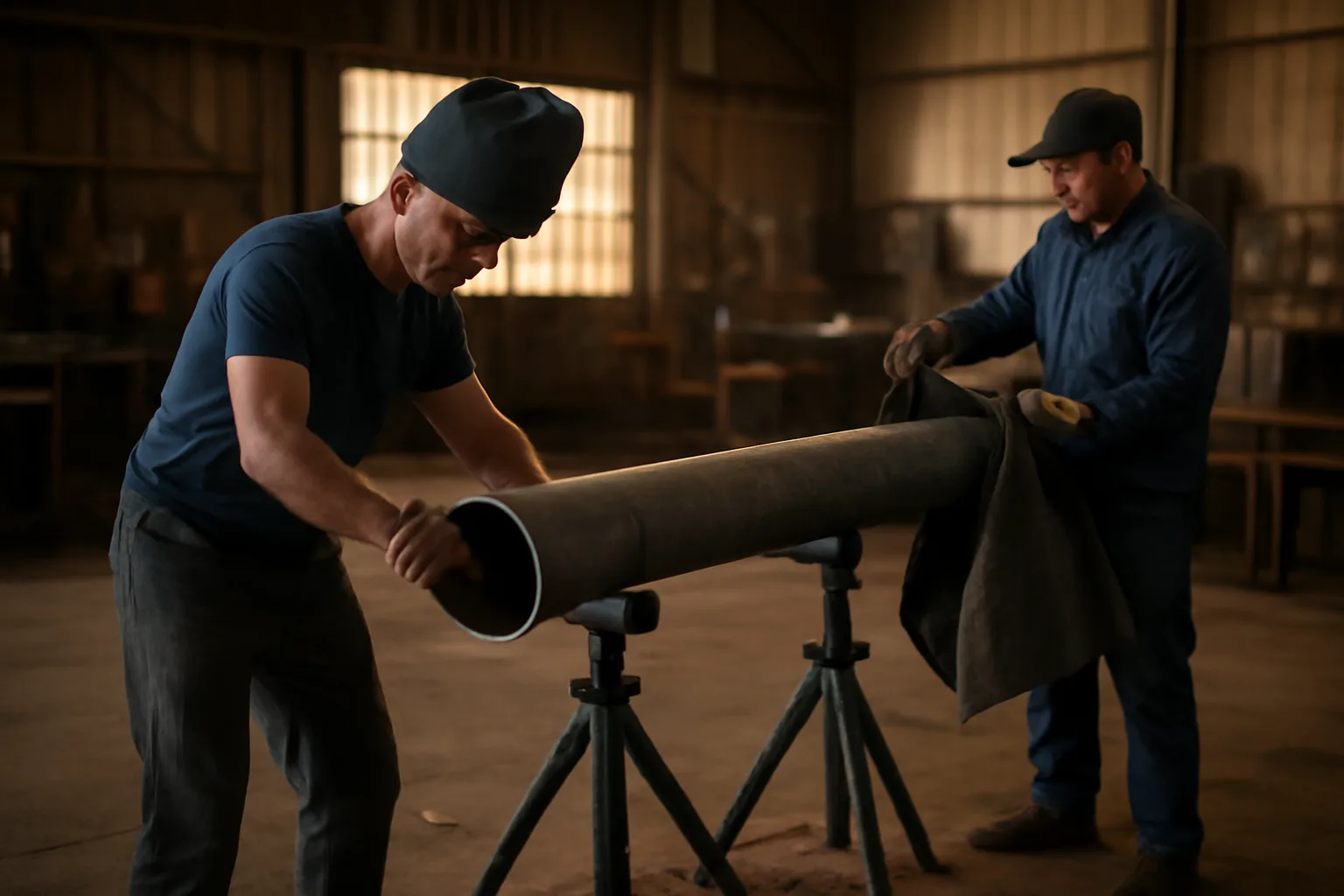 Fitters align carbon steel pipe in a Delaware mechanical shop