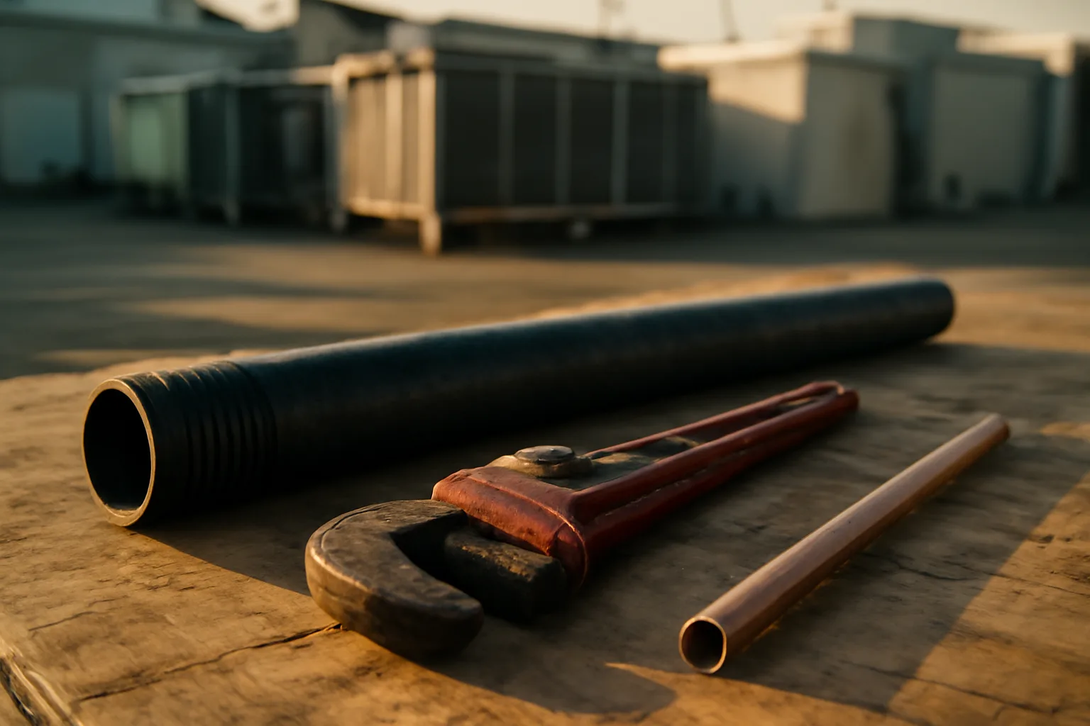 Steel pipe and wrench in a Tampa chiller yard