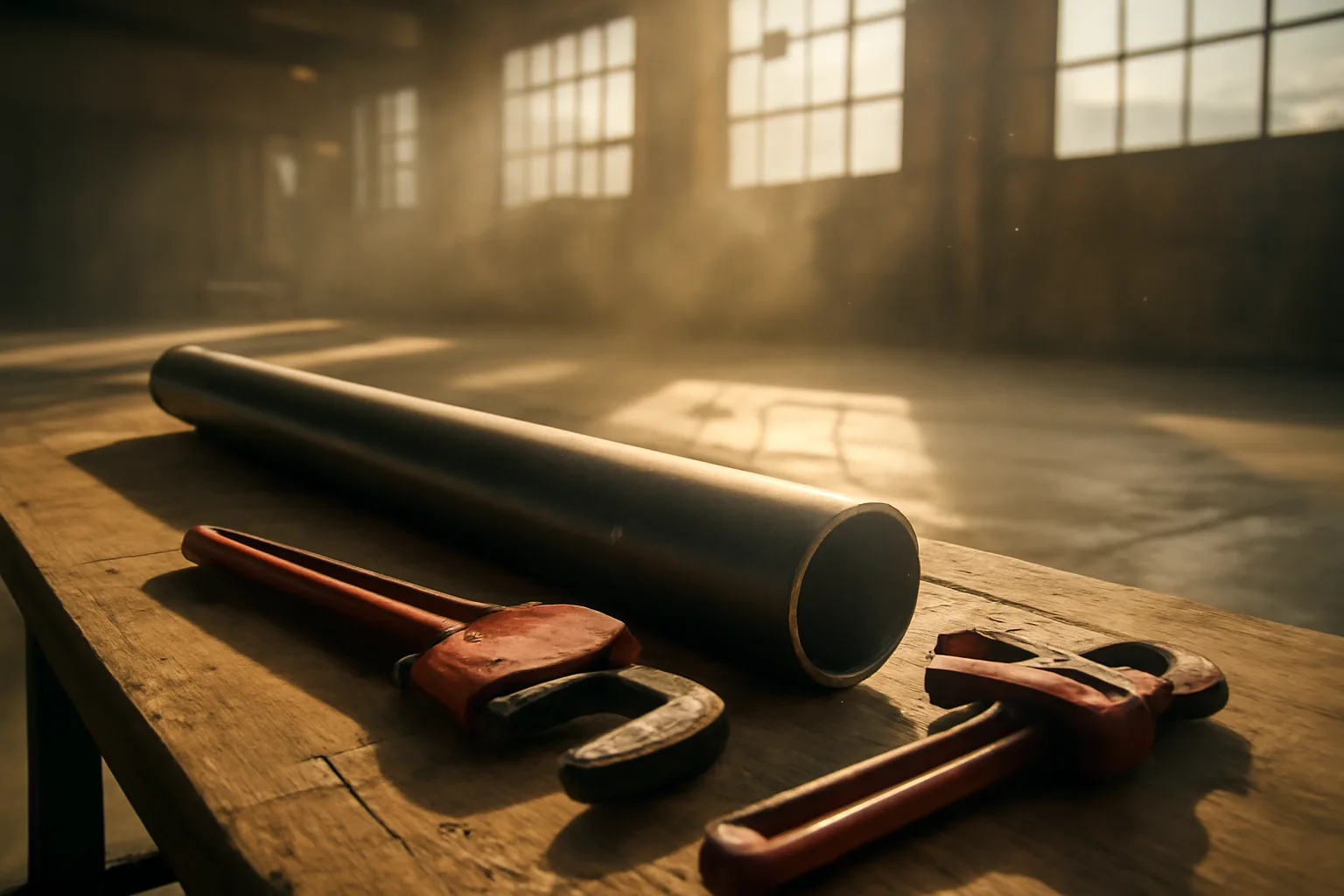 Carbon steel pipe and wrenches on a bench in a Georgia shop