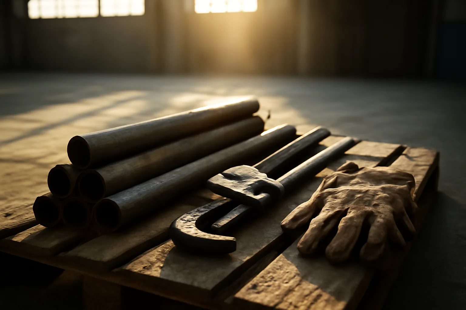 Pipe wrench and steel pipe in a Kansas fitting shop
