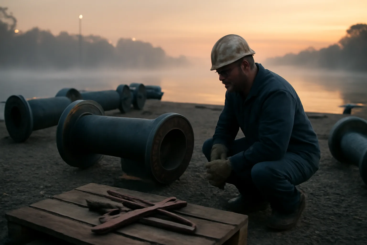 Pipefitter kneeling by steel spools in a Wilmington yard at dawn