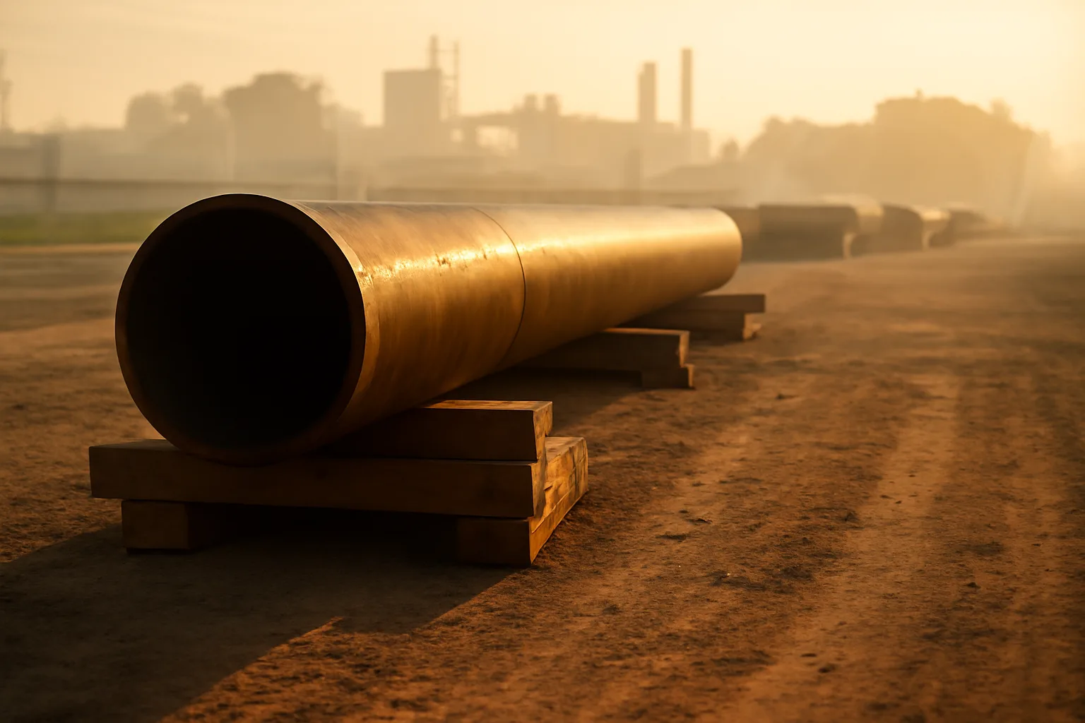 Steel pipe on wooden cribbing in a Georgia industrial yard at sunrise