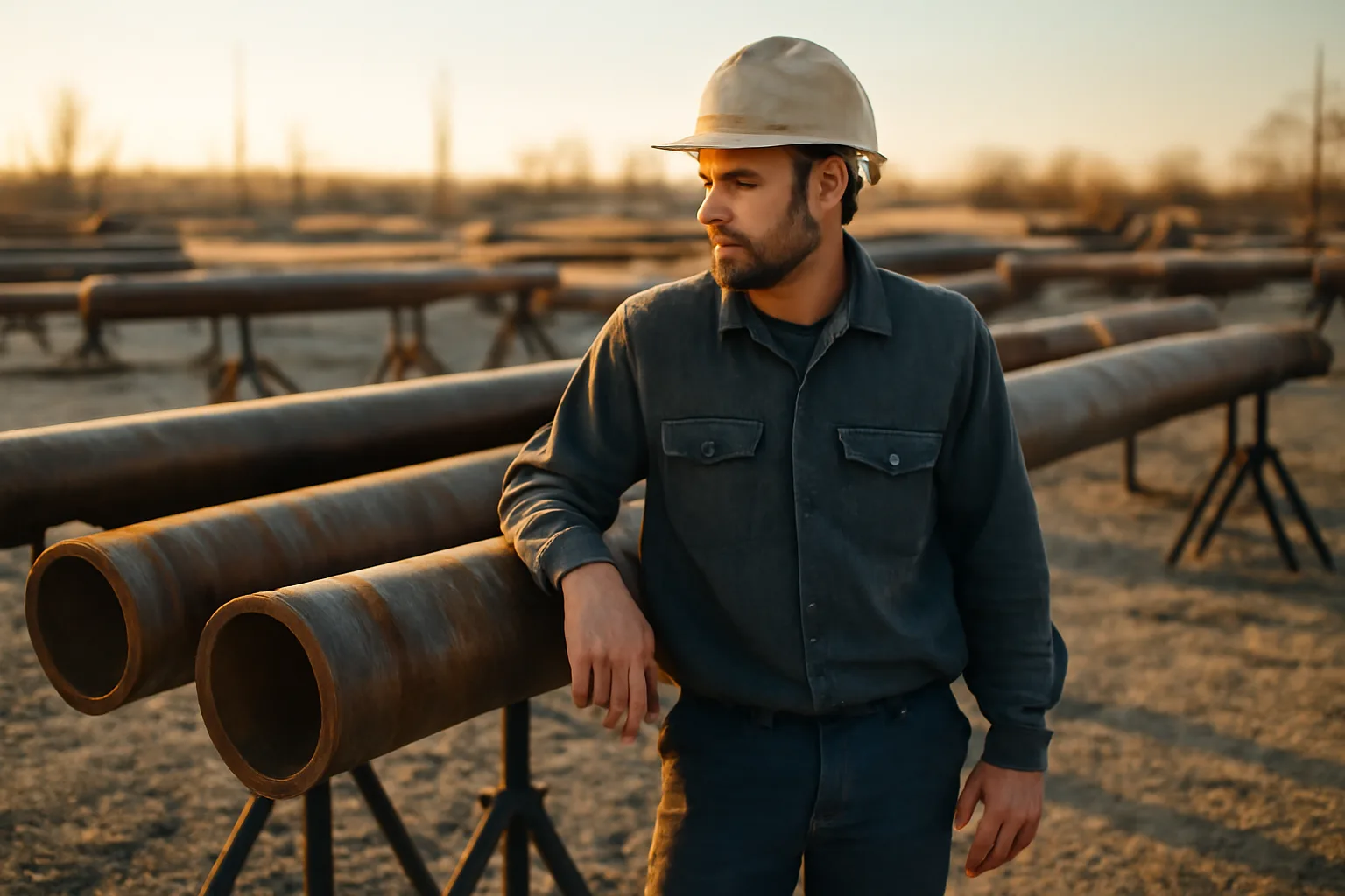 Kentucky pipefitter aligning steel pipe in a gravel yard