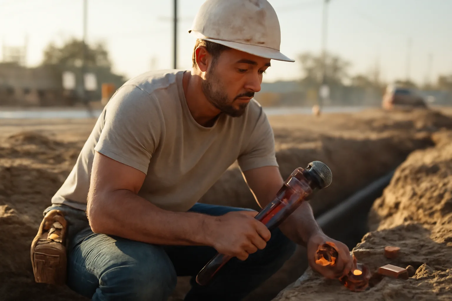 Pipefitter kneeling at an Arizona residential trench with a city card on toolbelt.