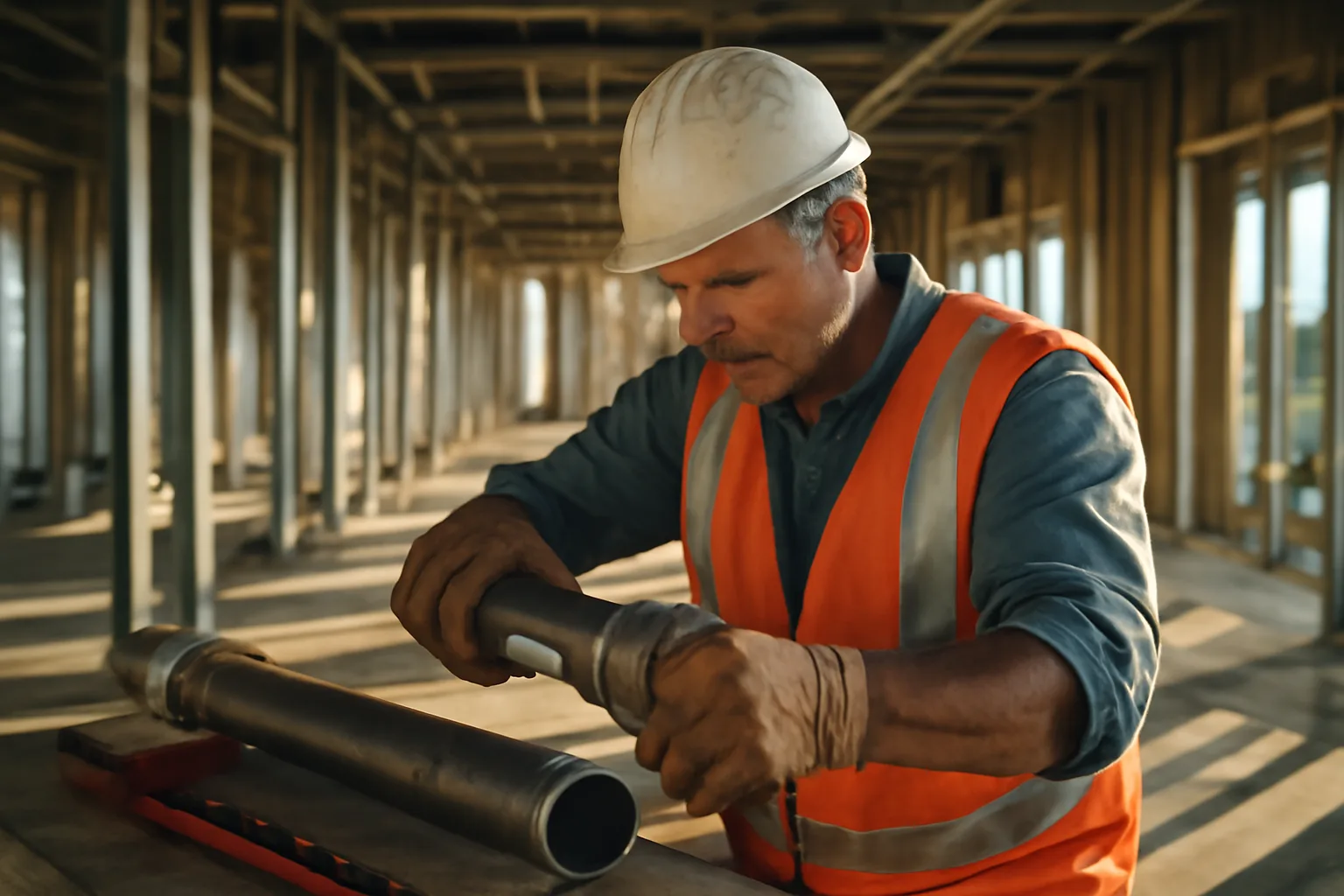 Arkansas pipefitter installing pipe in a commercial building
