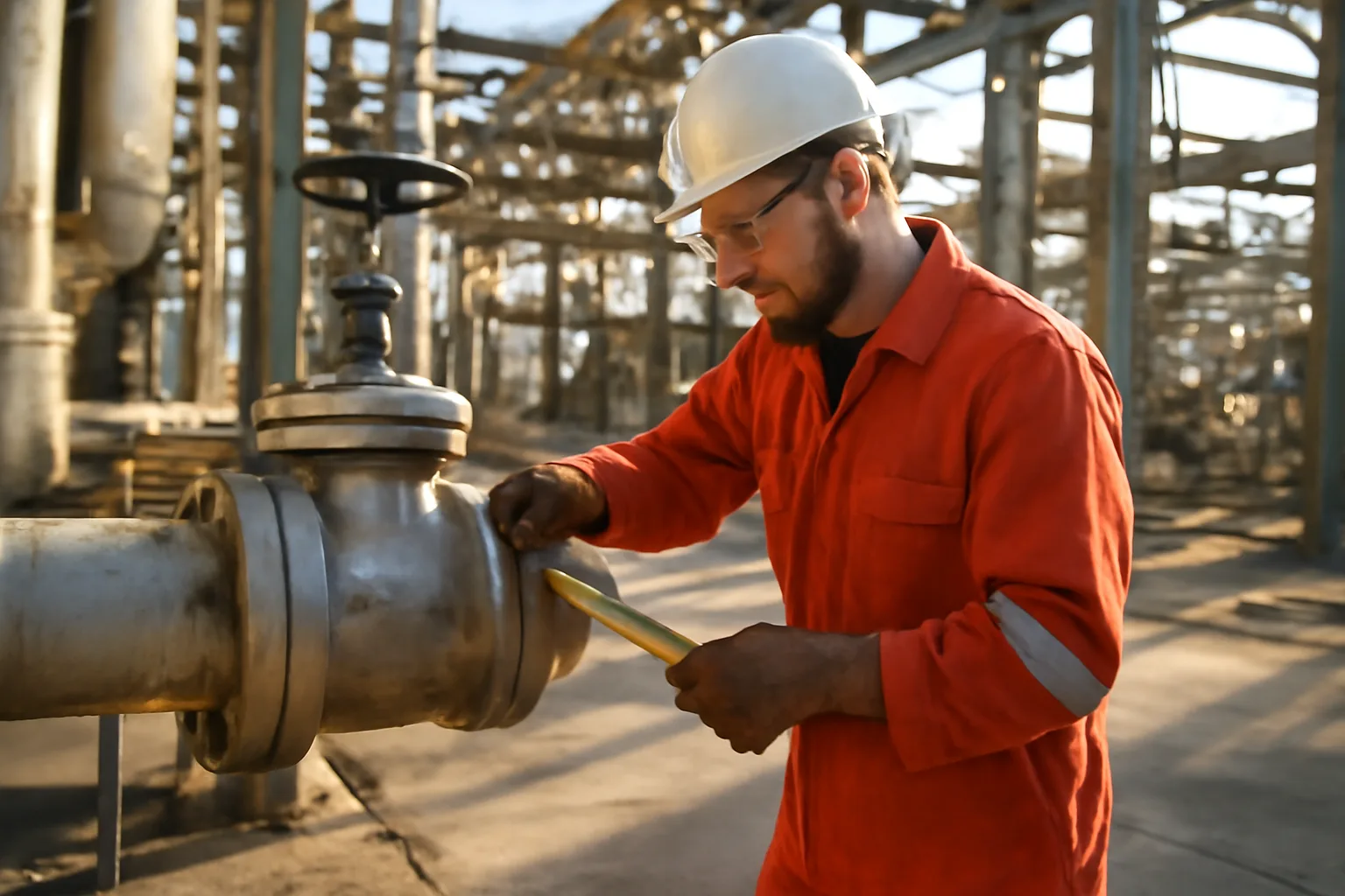 A pipefitter in a California refinery measuring a steam valve on industrial piping