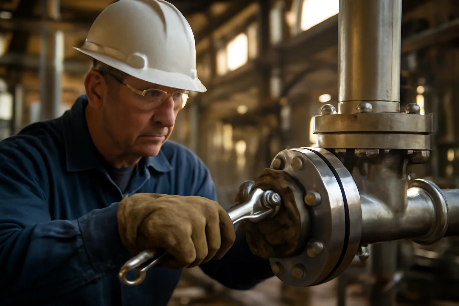 Pipefitter tightening flanged pipe joint in a Colorado industrial mechanical room