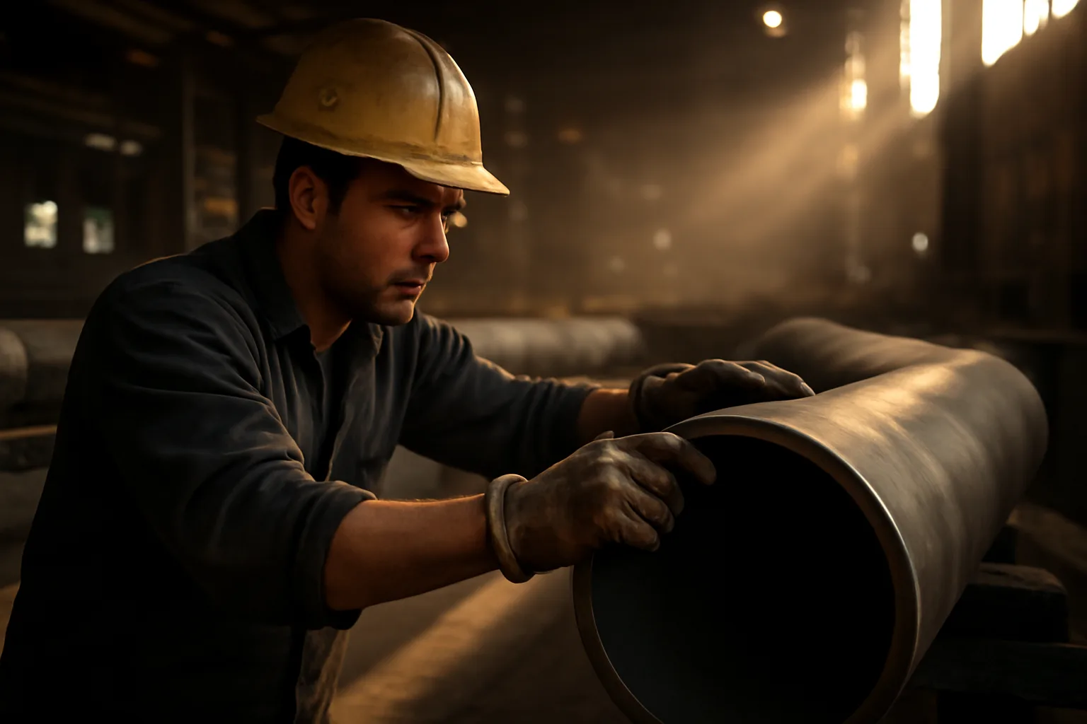 Pipefitter aligning steel pipe inside an industrial facility in Connecticut