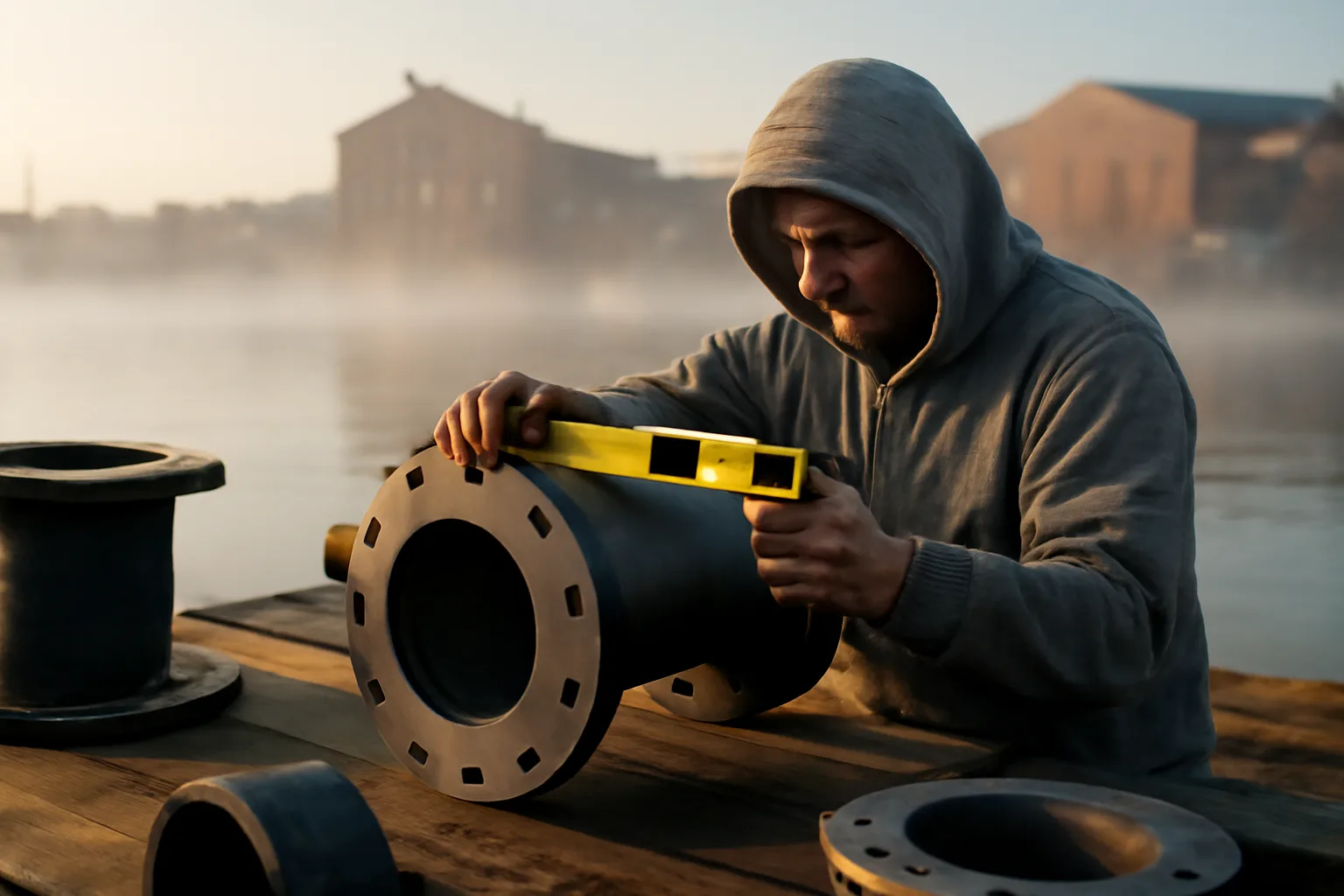 Pipefitter squaring a steel flange near the Port of Wilmington