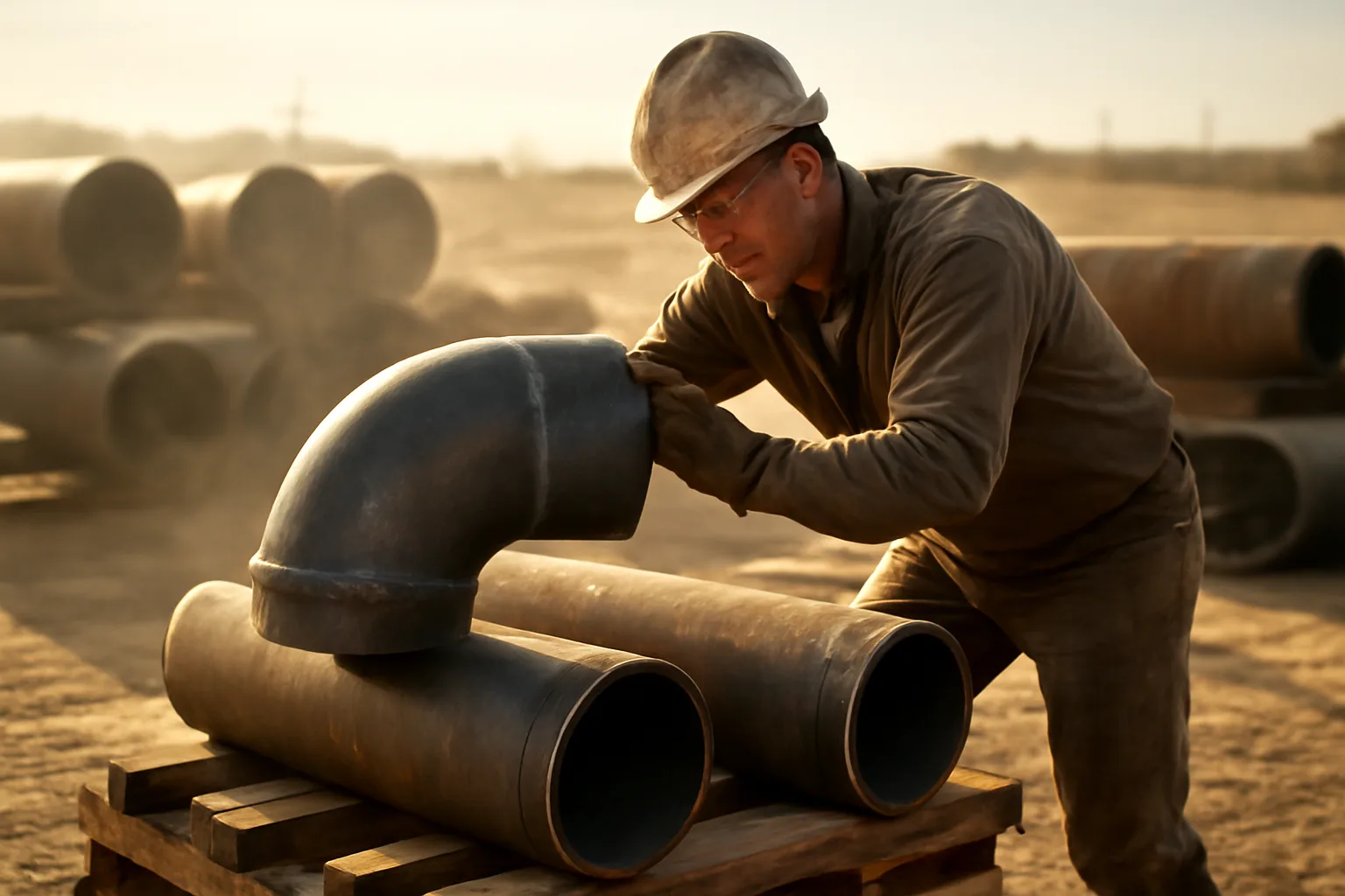 Pipefitter aligning a steel elbow in a Kansas yard