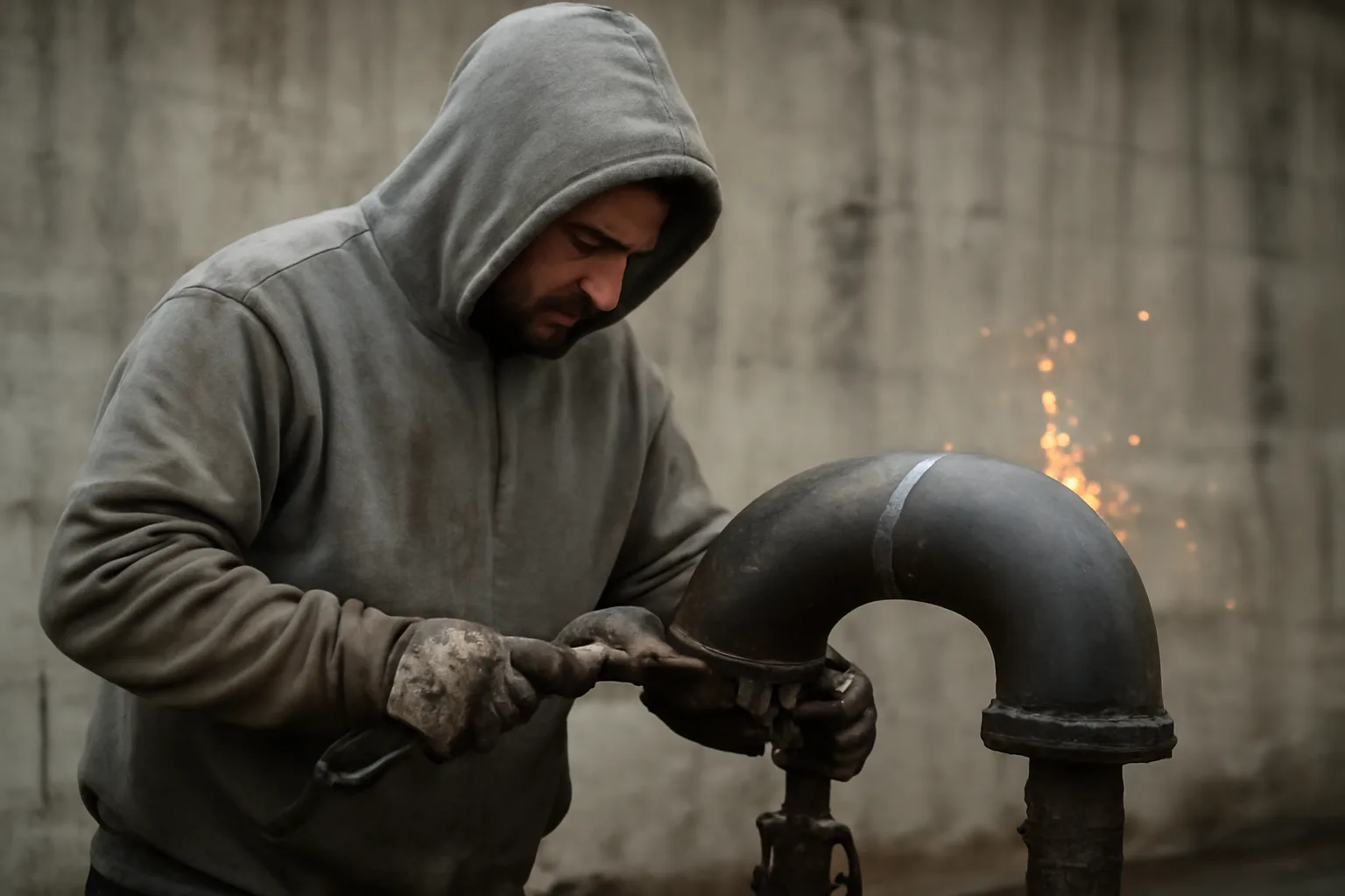 Pipefitter fitting a steel elbow in a Kentucky plant