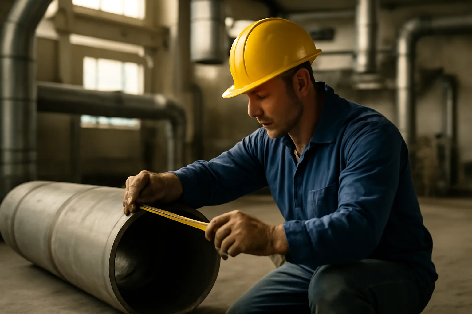 Pipefitter measuring steel pipe sections inside a California commercial mechanical room