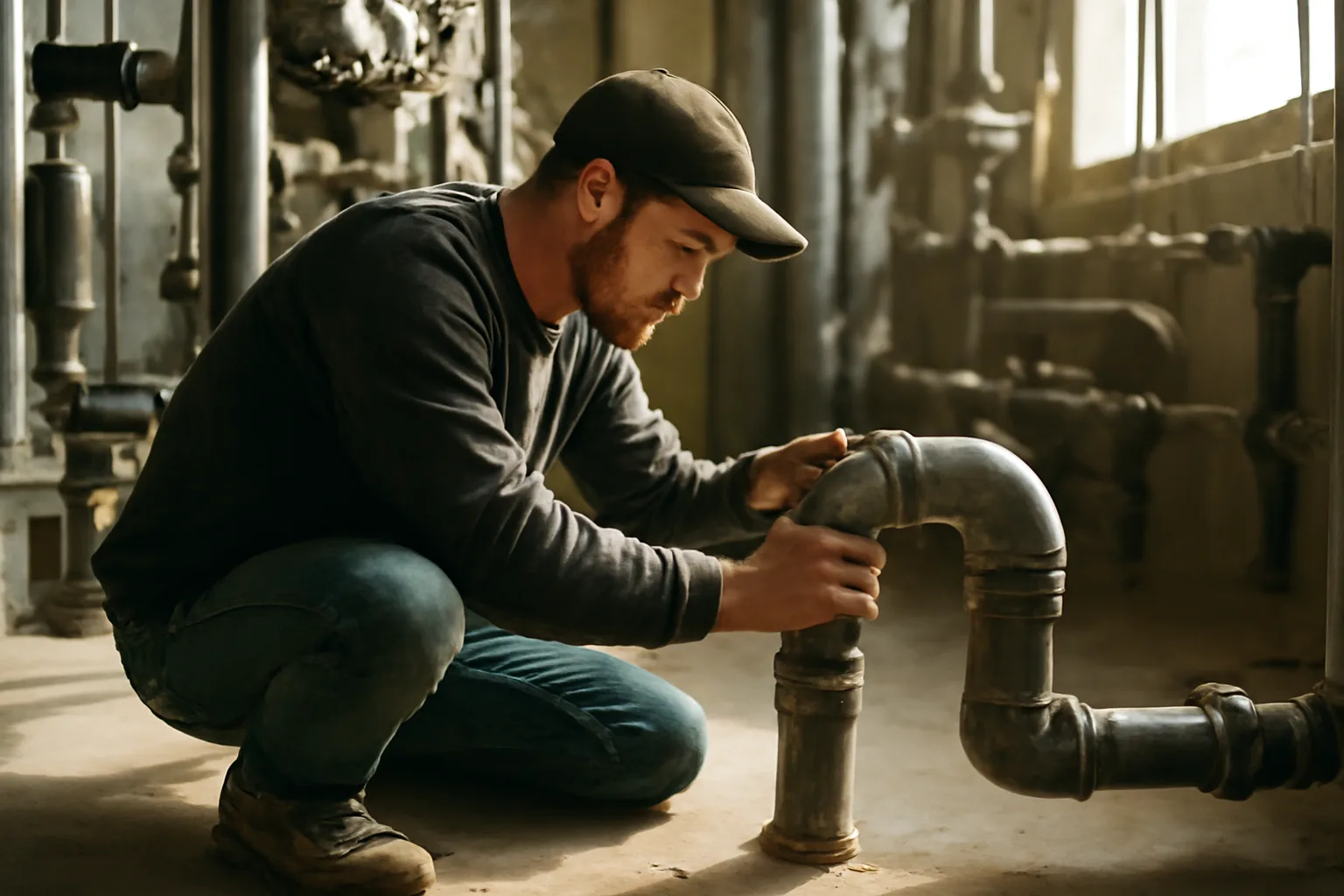 Pipefitter aligning steel hydronic pipe in an Iowa mechanical room