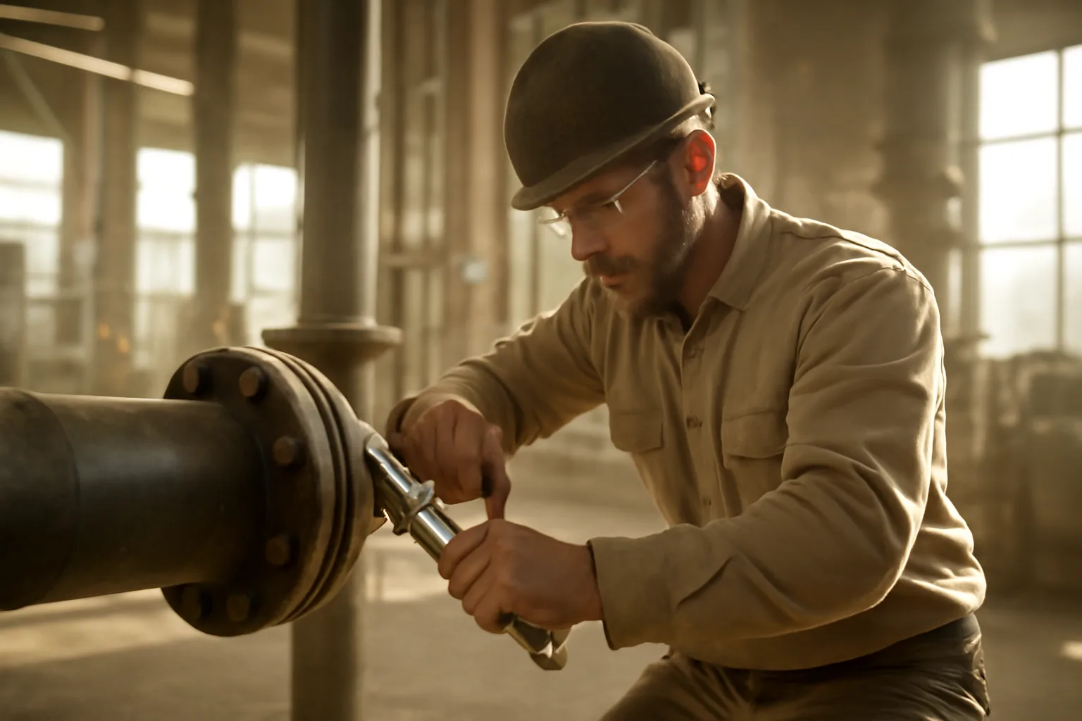 Pipefitter tightening a steel flange in a Kansas mechanical room