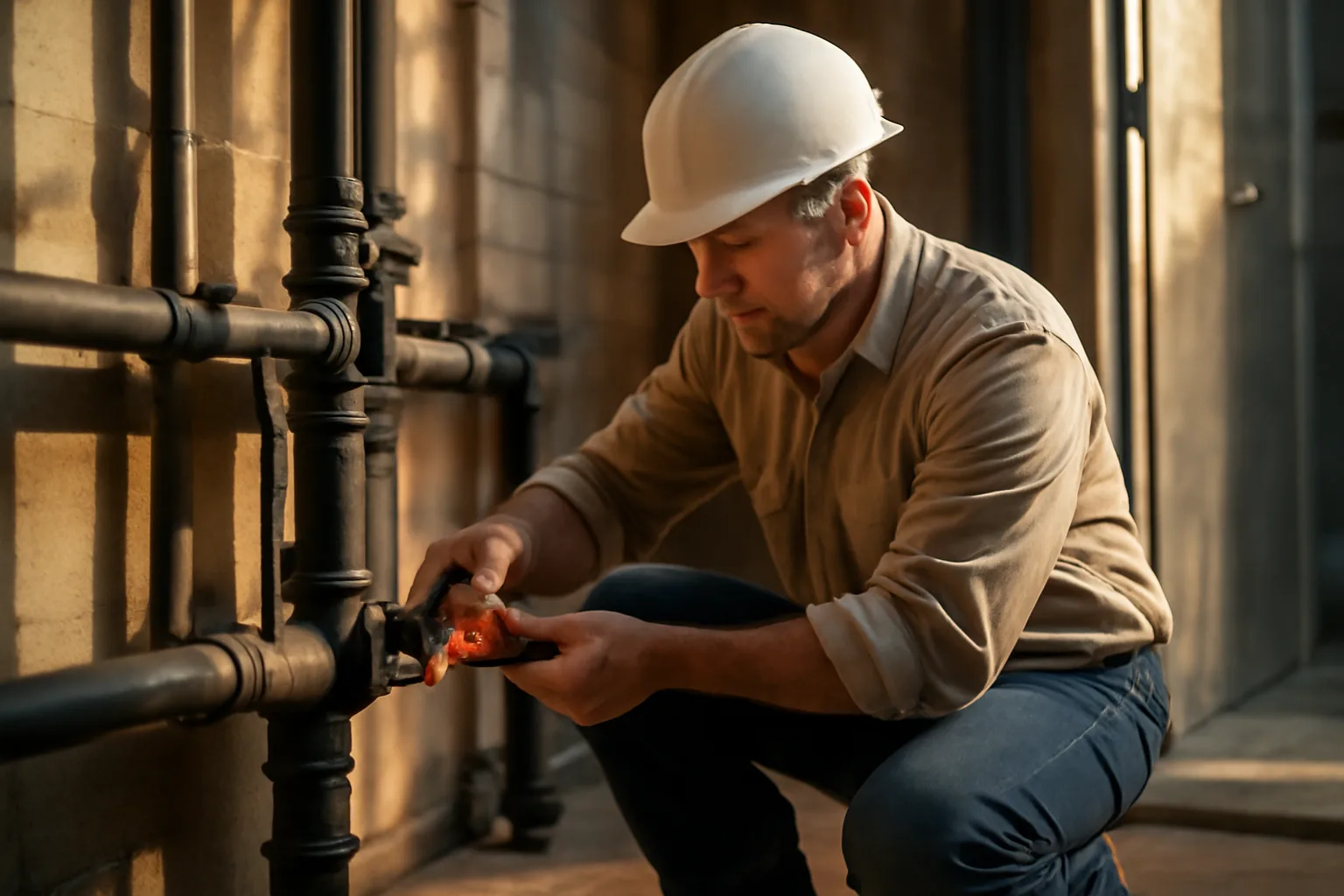 Pipefitter wrenching black iron pipe in an Alabama mechanical room