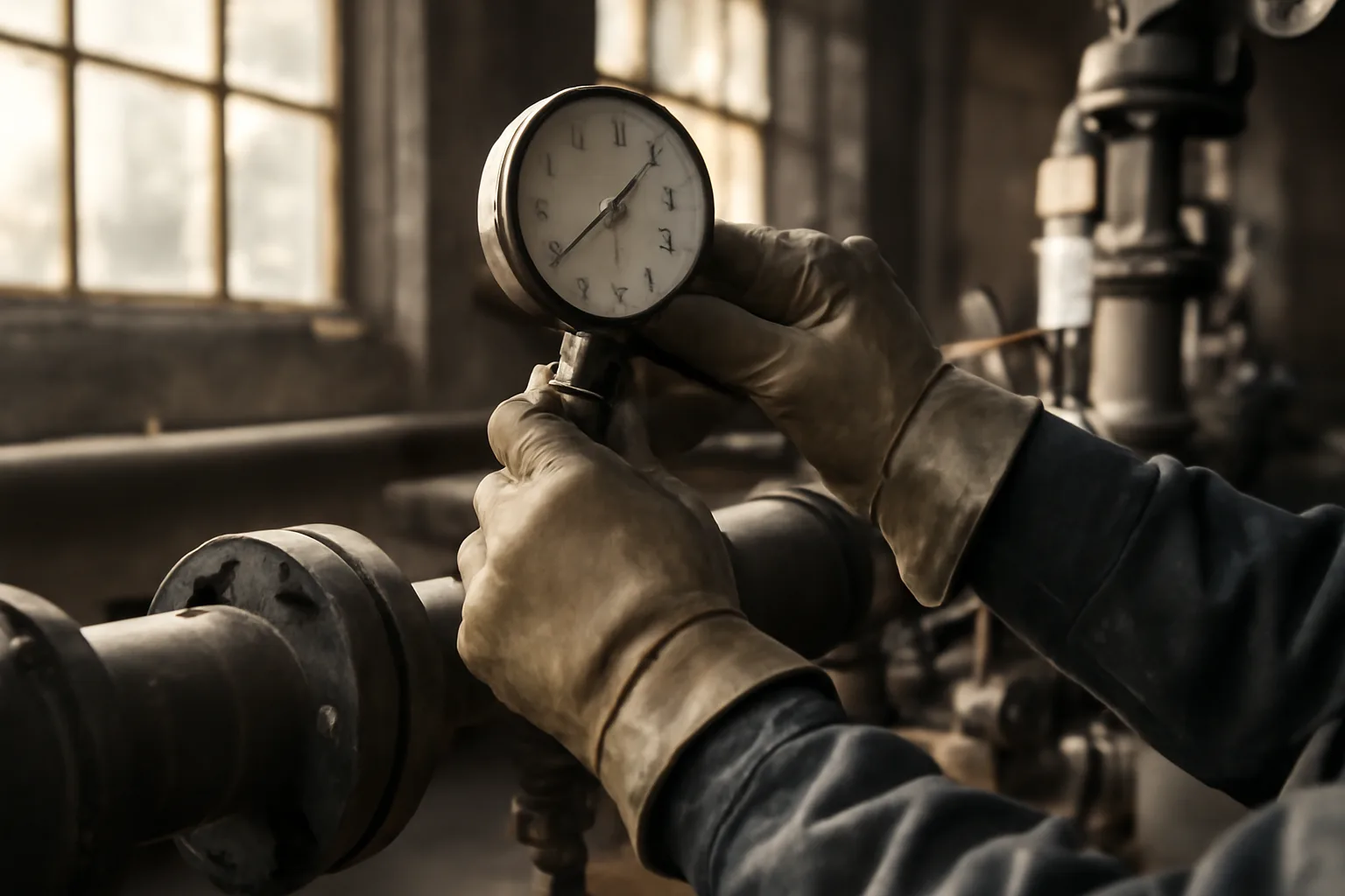 Pipefitter adjusting an industrial pipe pressure gauge in an Arkansas facility.